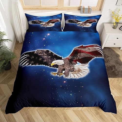 Juego de ropa de cama con diseño de águila calva, funda de edredón de bandera estadounidense para niños, estrellas y rayas, animales de Estados