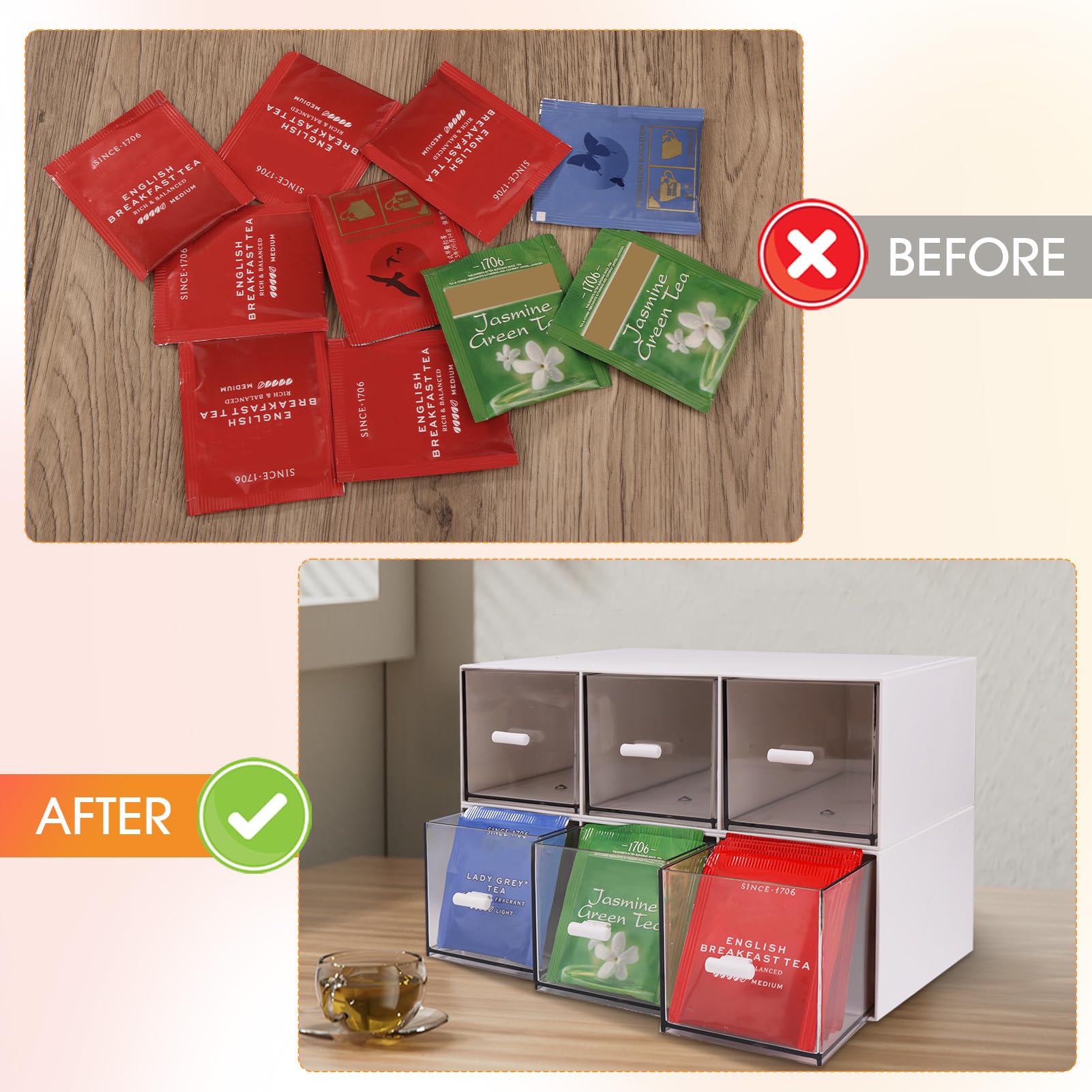 FoiiLiio organizador de té, caja de té apilable, organizador de bolsitas de té para guardar bolsitas de té, café, etc, caja de plástico para guardar té (blanco-3drs)