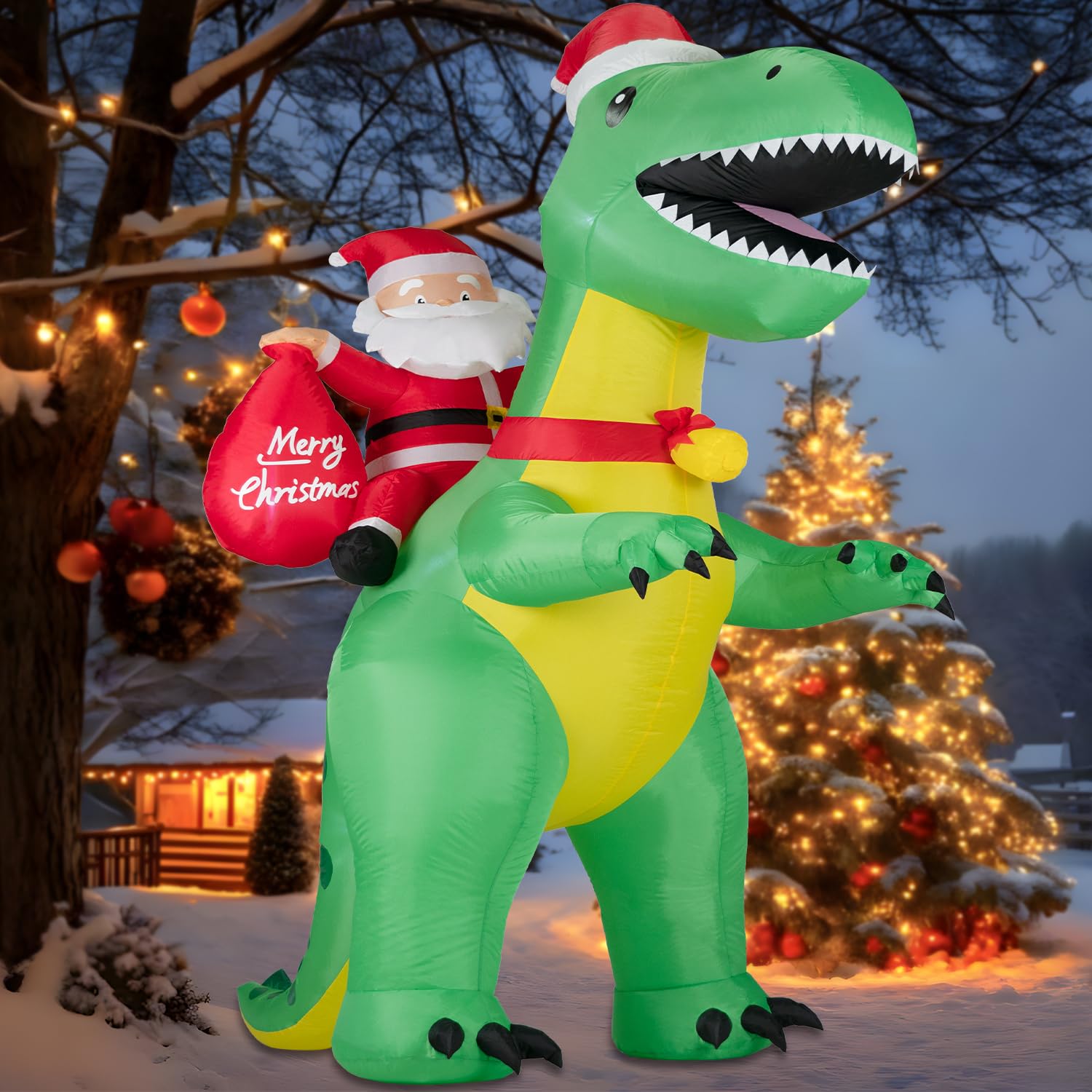 Kendane 8FT Christmas Inflatable Santa Claus Christmas Dinosaur Decoration, Giant Christmas Lights Outdoor Decoration for Garden Yard Lawn Party