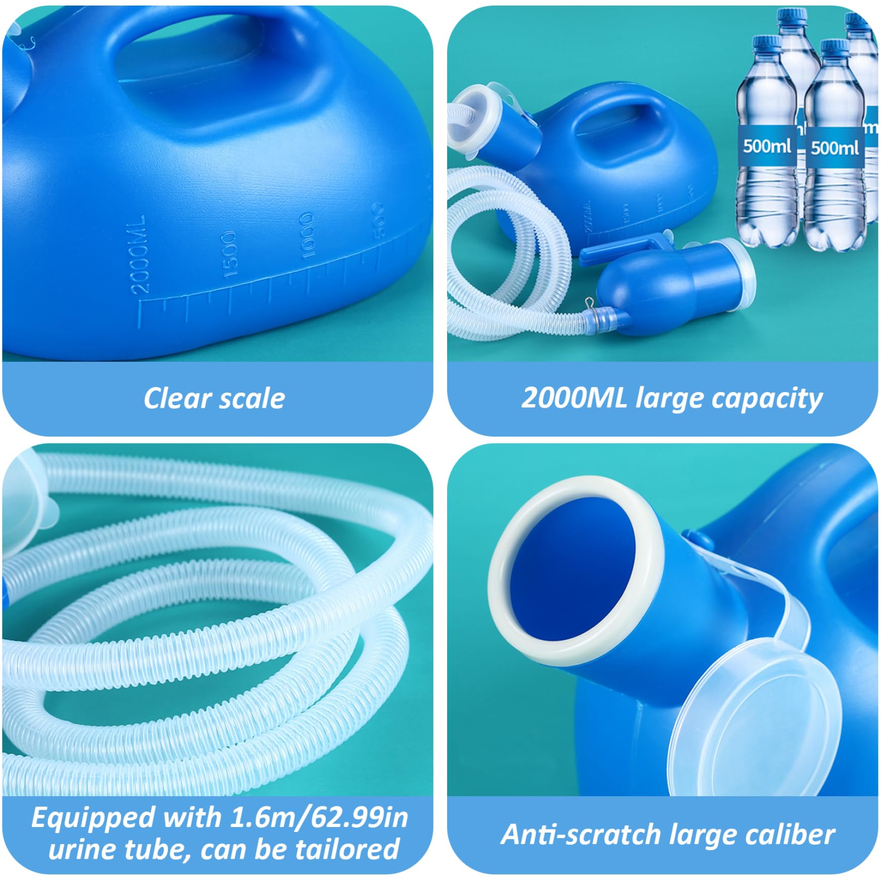 Orinal portátil para hombres, 2000 ml, a prueba de derrames, para viajes, hospitales, automóviles, camioneros, con tapa a escala, tubo de 63 pulgadas de largo, botellas para orinar para orinal mascul