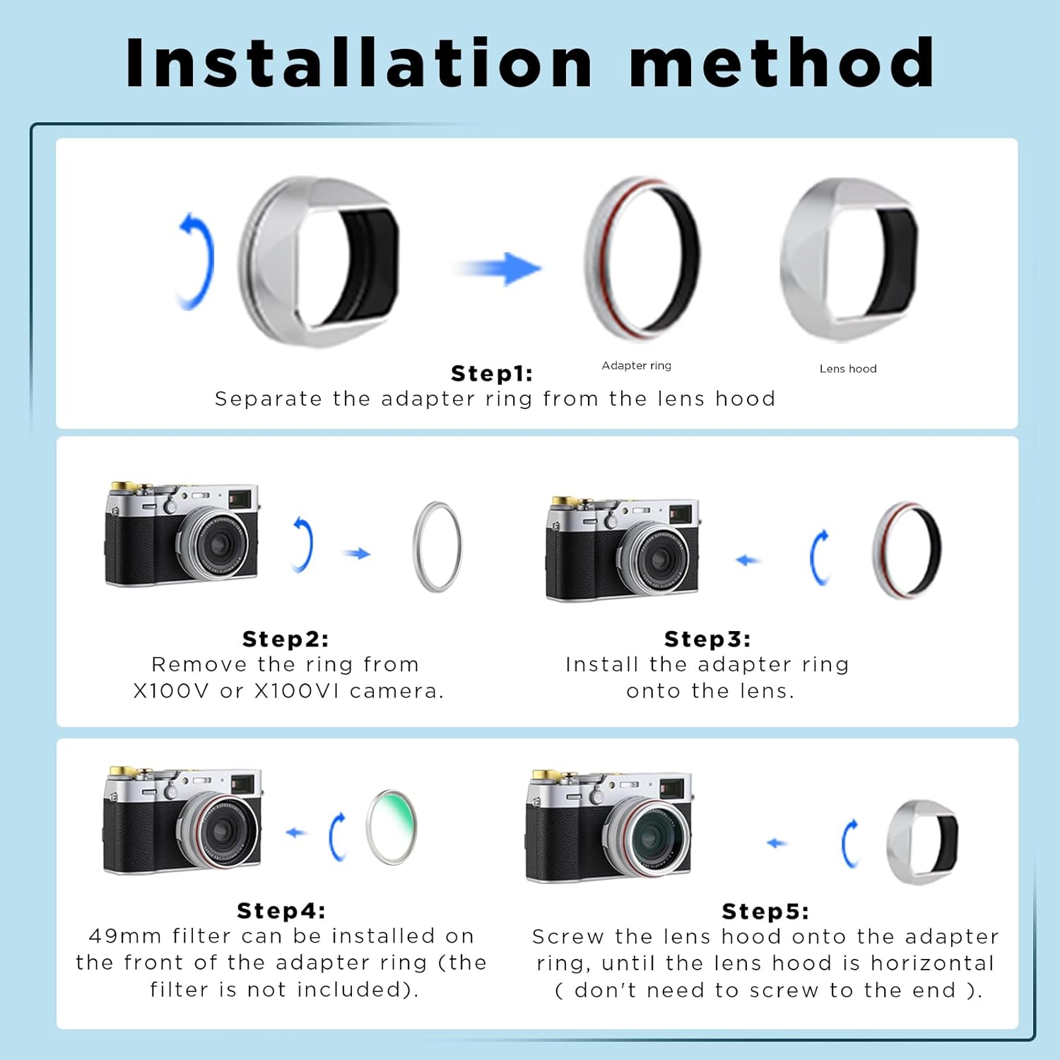 Haoge Square Metal Lens Hood for Fuji X100VI Fujifilm FinePix X100V X100F X100 X100S X100T X70 Camera Accessories Silver with Cap and 49mm Adapter Ring Kit - Image 7