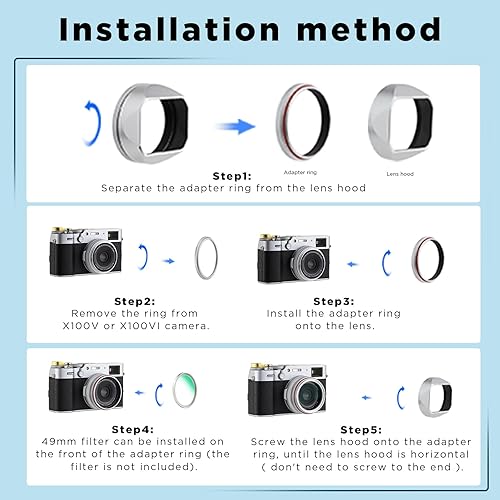 Miniatura 7 de Haoge LH-X54W Parasol de lente cuadrado de metal con anillo adaptador de 49 mm para cámara Fujifilm X100VI Fuji X100V, color plateado