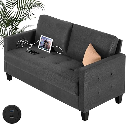 GRAVFORCE Sofá biplaza de tela de 57 pulgadas de ancho con 2 puertos de carga USB, asiento de dos plazas tapizado, sofá pequeño para sala de estar,