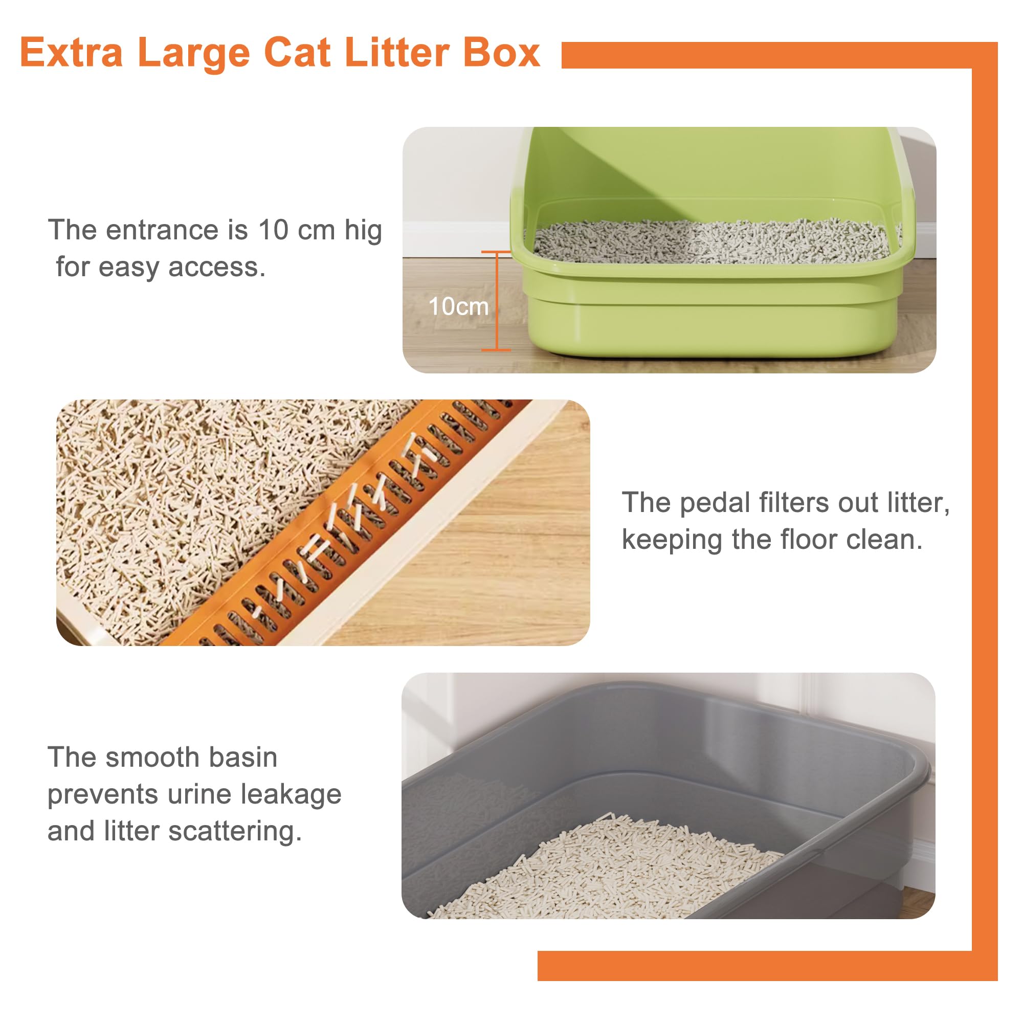 Vealind Bac à Litière Chat XXL， Design Ouvert parois Hautes Anti-éclaboussures pédale Anti-Fuite Grand bac litiere pour Chat， 60×40×16cm，pour Chatons et Grands Chats (Gris)
