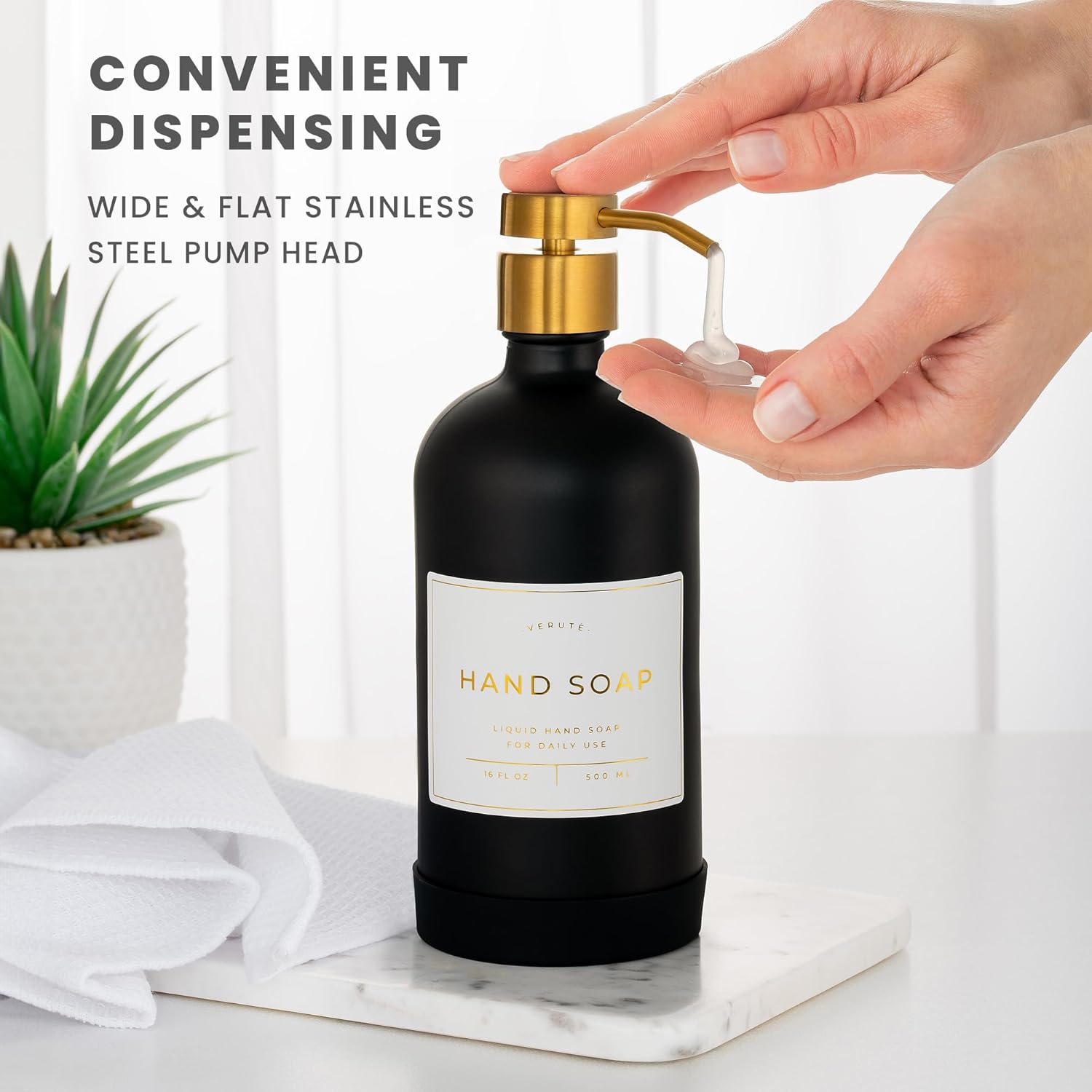 Hand and Dish Soap Dispenser for Kitchen and Bathroom, Set of 2 16 Oz Glass Bottles, Stainless Steel Pumps, Non-Slip Silicone Base, 27 Waterproof Labels (Matte Black Bottle/Brushed Gold Pump) - Image 4