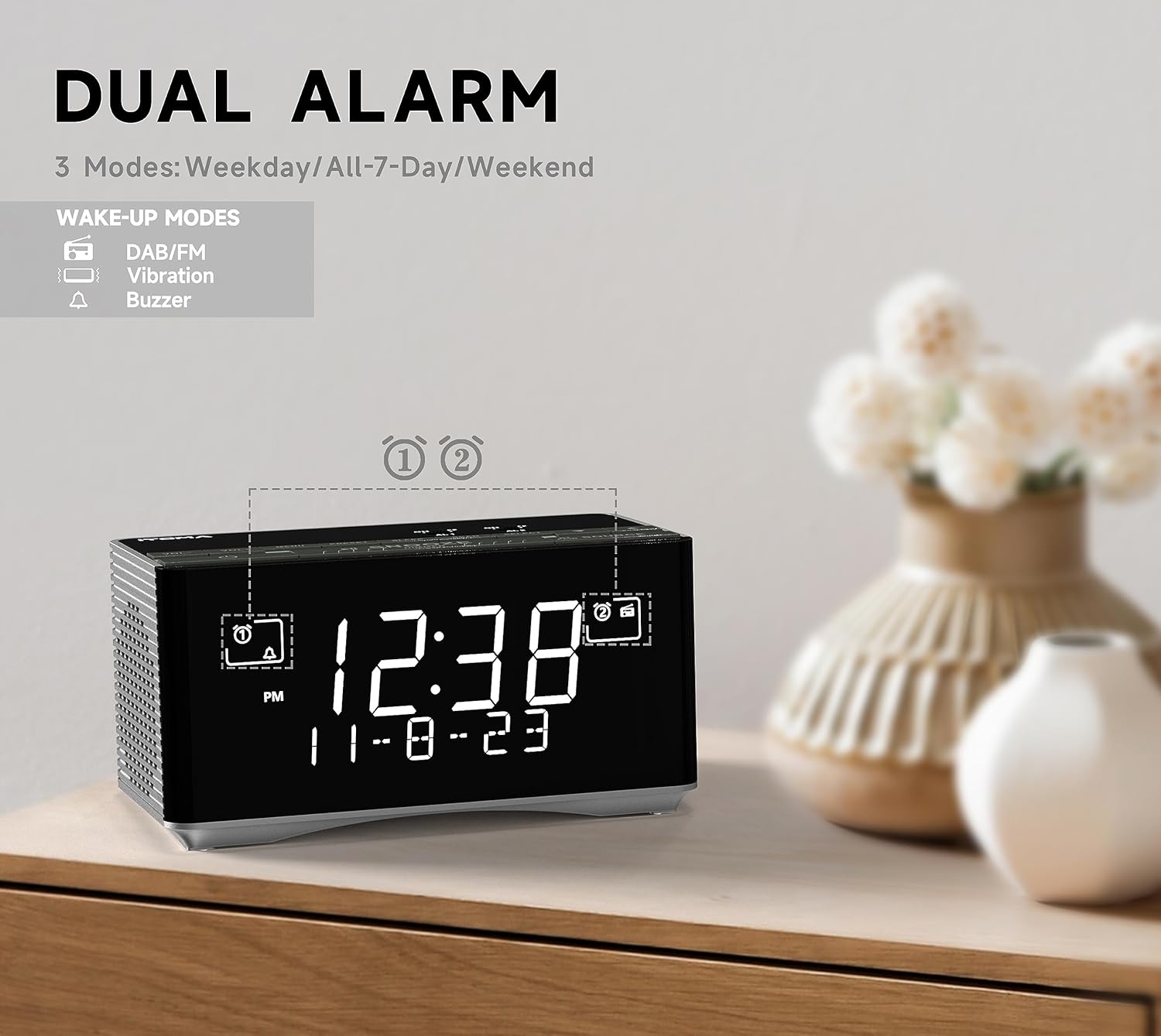 iTOMA CKS3501BT Clock Radio displaying dual alarm settings with wake-up modes: DAB/FM, Vibration, Buzzer. Time 12:38 PM and date 11-8-23 are shown.