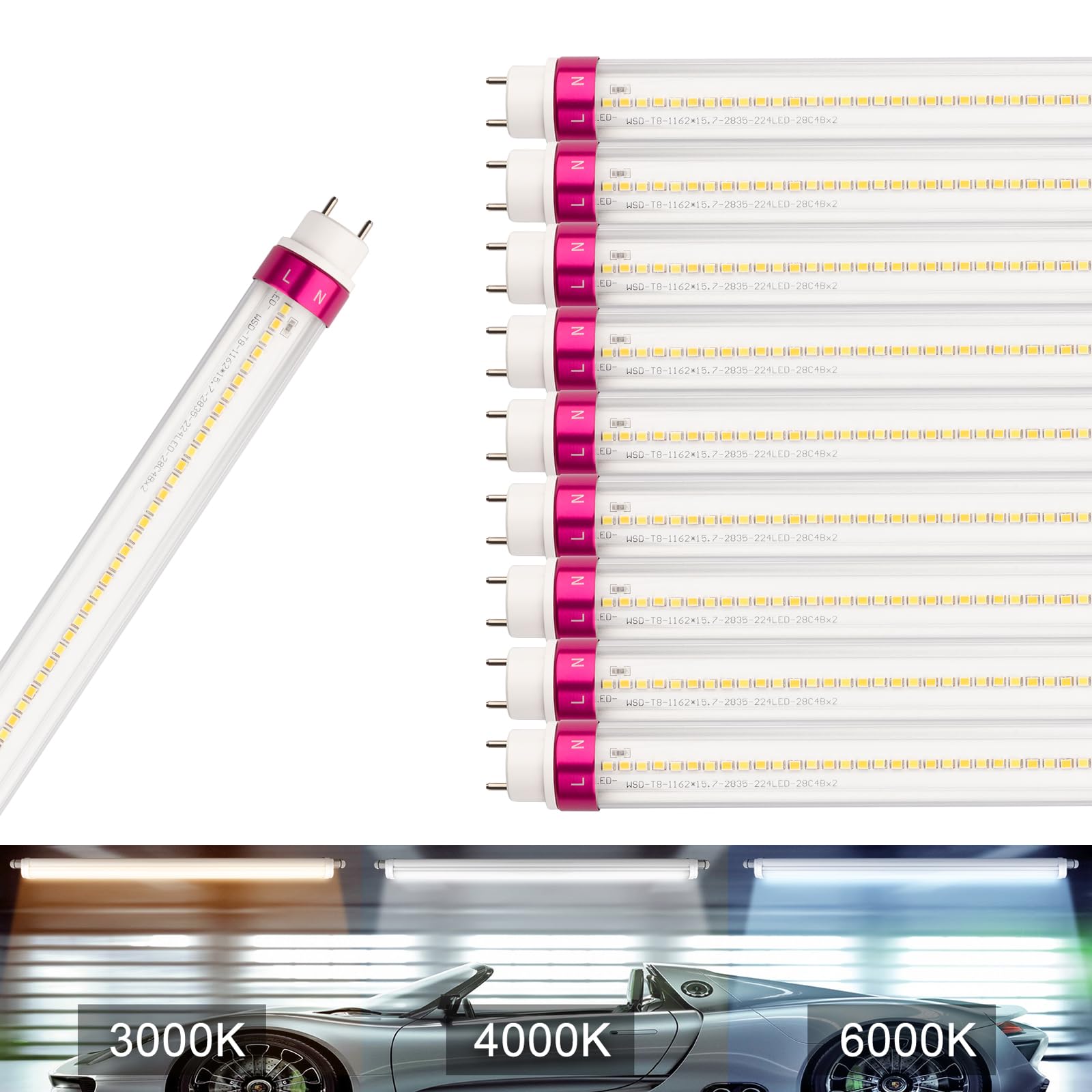 BRILLIHOOD 4FT LED T8 Shop Light Bulbs, 3CCT & 3 Wattage Selectable, 18W, 2520LM, Double End Powered T8 T12 Fluorescent Tube Replacement, Ballst Bypass, Clear, 110-270V, 10-Pack