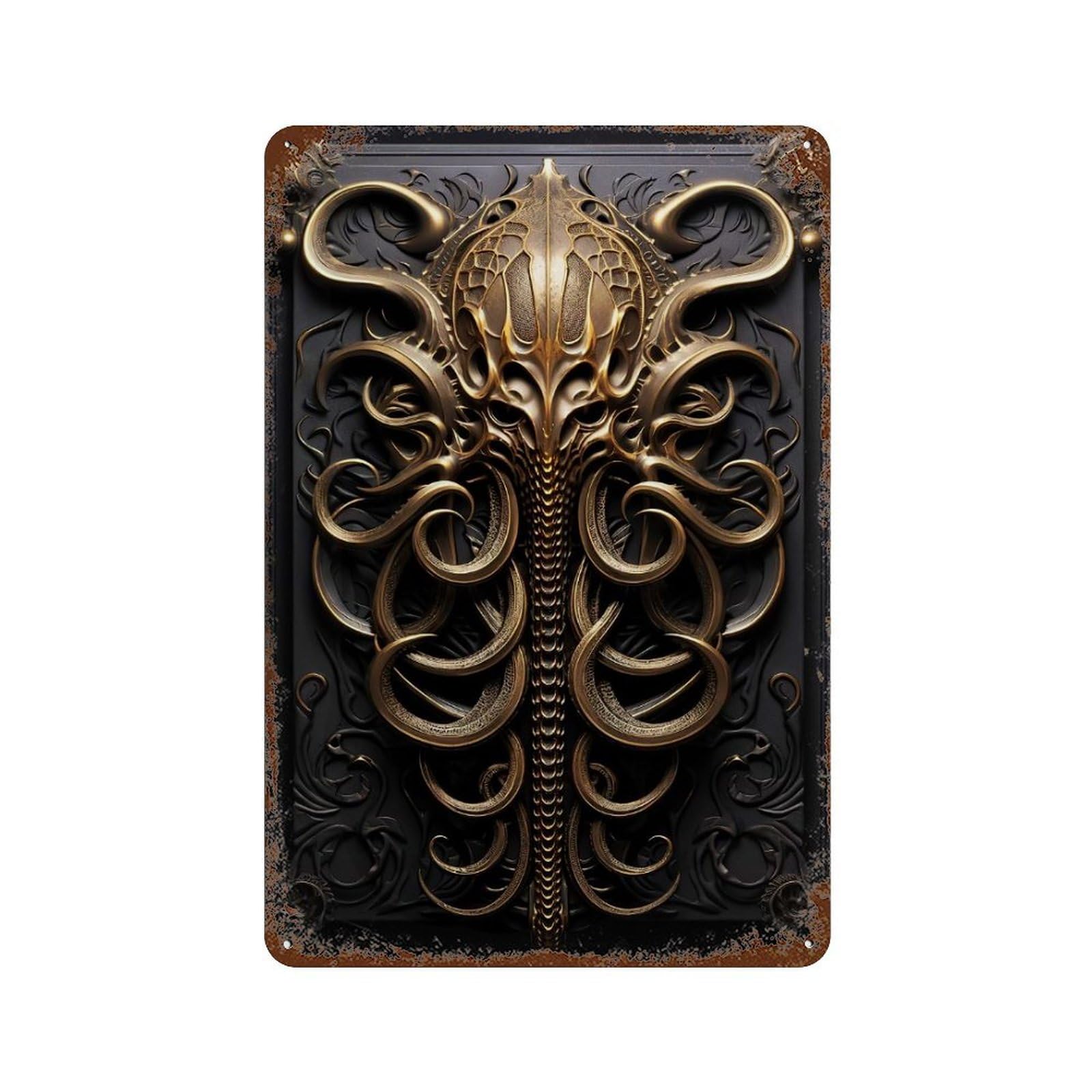 Golden Cthulhu Kraken Art Rustic Tin Plaque 11.8"x7.9", for Pub, Kitchen And Man Cave Decor, Vintage Wall Decor