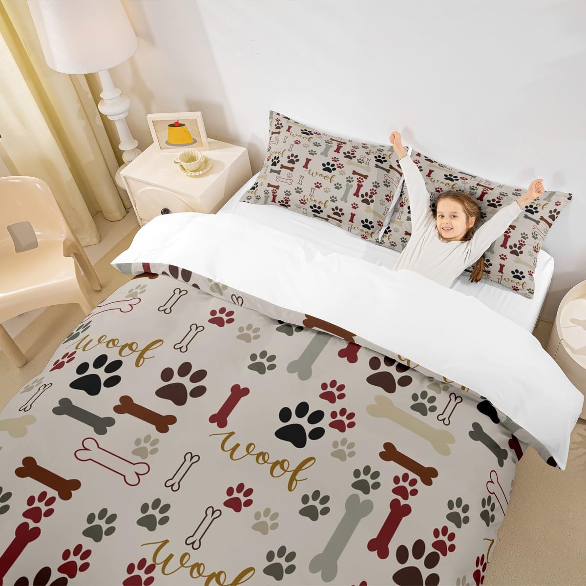 Dog Paw Print Duvet Cover Set Queen Size,Bone Pattern Bedding Set 3pcs for Kids Teens Girls Boys Room Decor, Pet Animal Comforter Cover Cartoon Quilt Cover with 2 Pillowcases