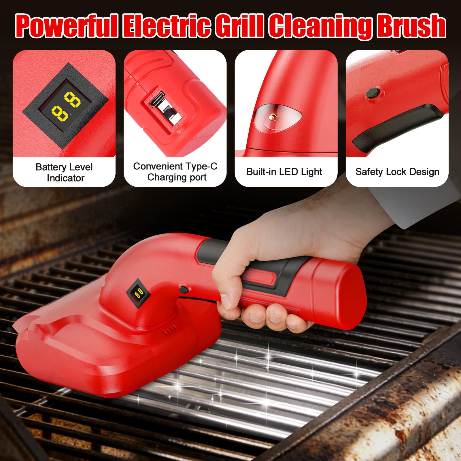 Spazzola elettrica per barbecue, pulitore BBQ motorizzato ricaricabile, setole in acciaio inox 700-800 giri/min, testa rimovibile 304, illuminazione LED, per griglie in ghisa e uso esterno