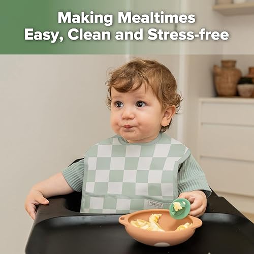 Miniatura 2 de haakaa Waterproof Baby Bibs for Eating, Soft & Lightweight Toddler Bibs with Food Pocket, Easy Wipe Clean, Ages 6–24M, 2 Pack Dino Land + Días a