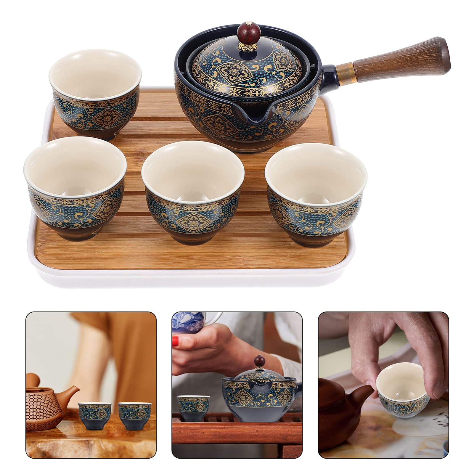 PRETYZOOM Juego de Té Tetera de Cerámica de Kung Fu para Viaje y Hogar Portátil 4 Tazas y Filtro Interior Antiescaldante y Soporte de Madera