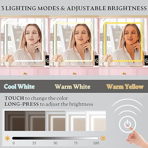 Miniatura 4 de Escritorio de tocador de maquillaje con espejo iluminado HD y toma de corriente, juego de mesa de tocador con parte superior de vidrio con cajones