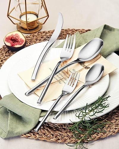Miniatura 3 de Lemeya - Juego de 20 cubiertos de acero inoxidable para 4, juego moderno de cubiertos de acero inoxidable 1810, juego de cubiertos de lujo, juego