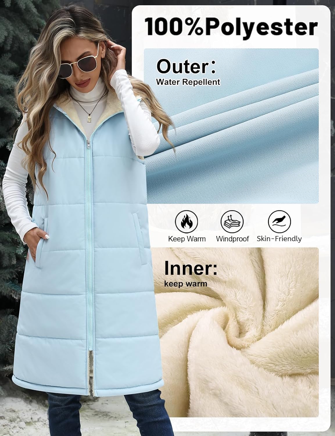 Womens Fall Long Vest - Sleeveless Fleece Lined Coats Sherpa Quilted Puffer Jackets with Hood Zip Warm Winter Outwear - Image 5