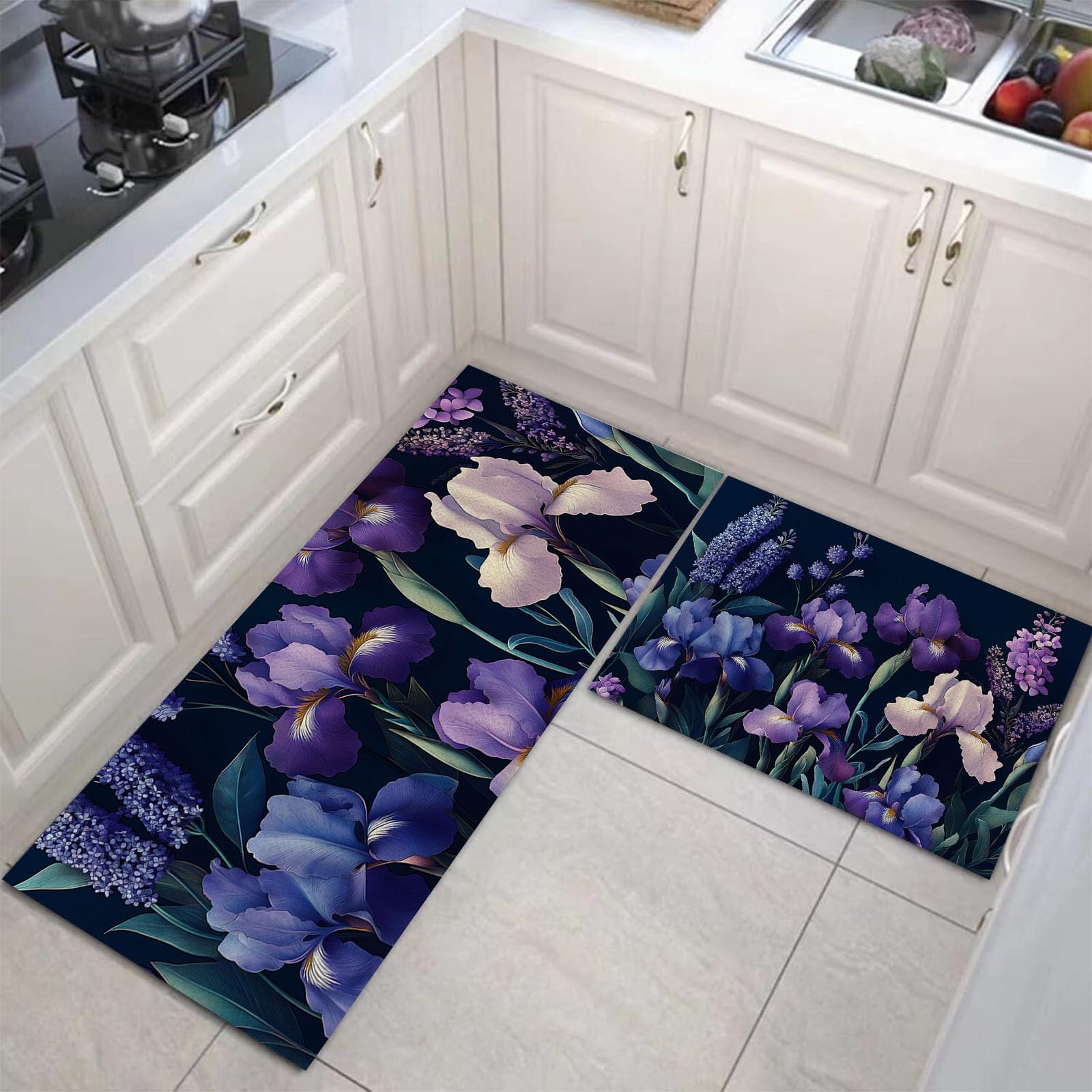 Tapis de cuisine antidérapant lot de 2 en caoutchouc lavable bleu violet de 43x150cm