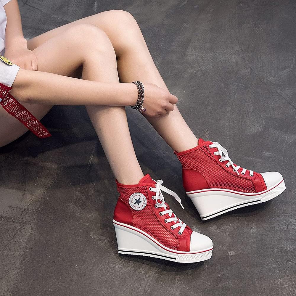 Women's Sneaker Shoes High Heel Fashionable Canvas Shoes High Tube Lace Up Wedge Edge Zipper Slope Angle Shoes Size 4-11 - Image 8