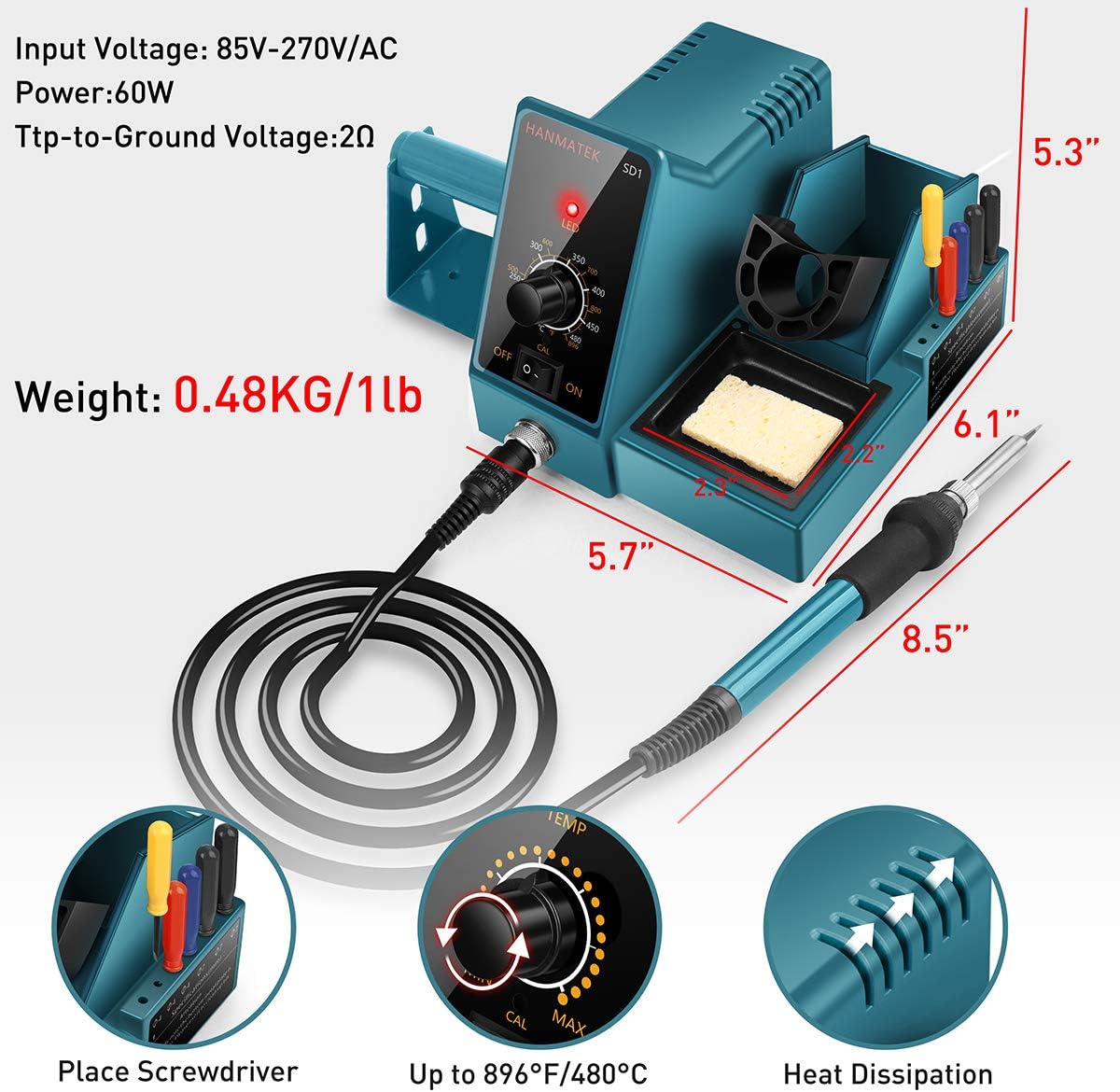 AICase Soldering Iron Station, 60-Watt, 110 Volt, 392°F-896°F (C/F) Temperature Adjustable, 6 Seconds Rapid Heating Anti-Static Solder Iron Station with Solder Roll Holder/Screwdriver Holder
