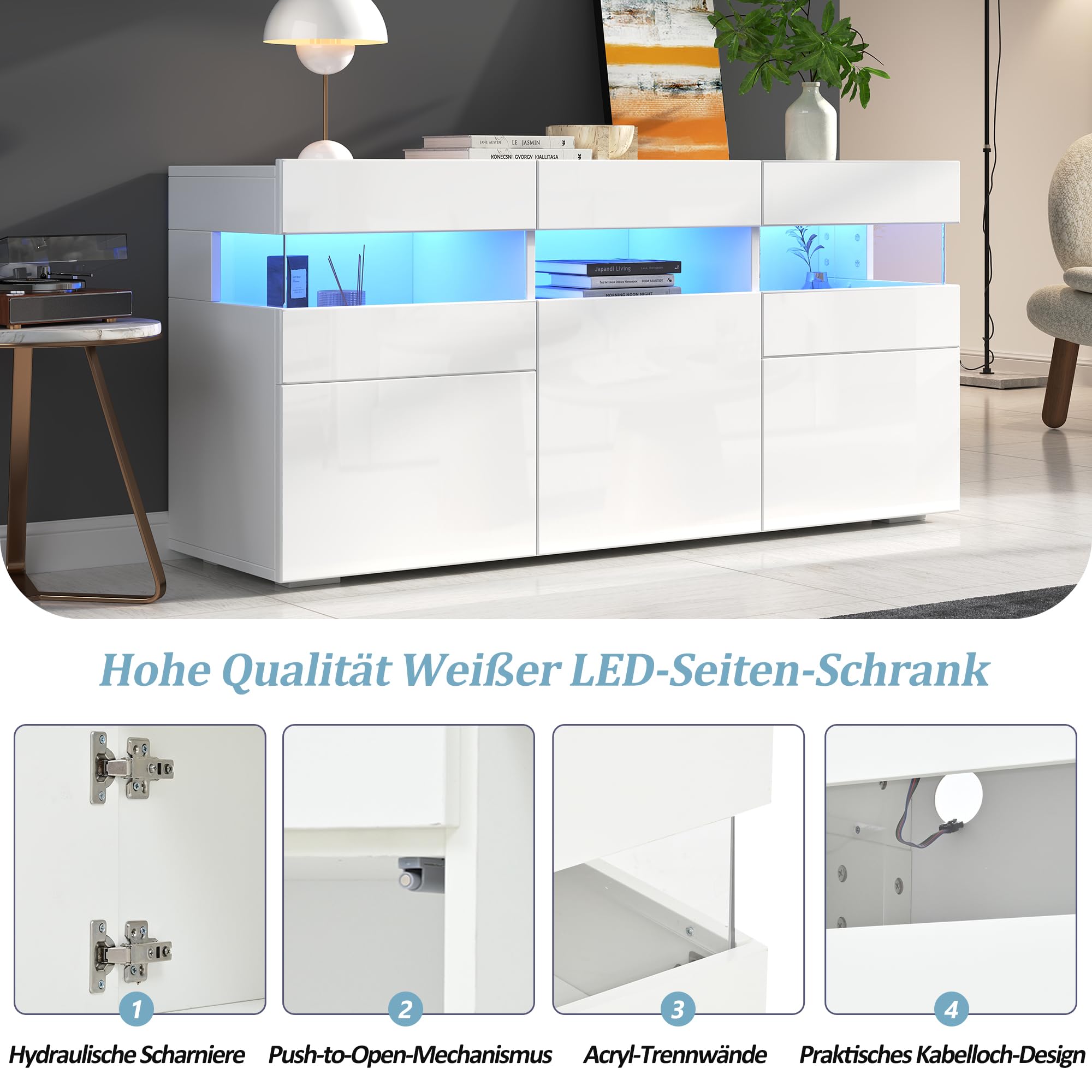 Wohnzimmer-Sideboard, Schrank mit 3 Türen und 7 Ablagefächern, Hochglanz-Wohnzimmerschrank mit LED-Lichtleiste, Allzweckschrank mit Transparentes Acrylgehäuse, 140 * 40,5 * 66,5cm, Weiß