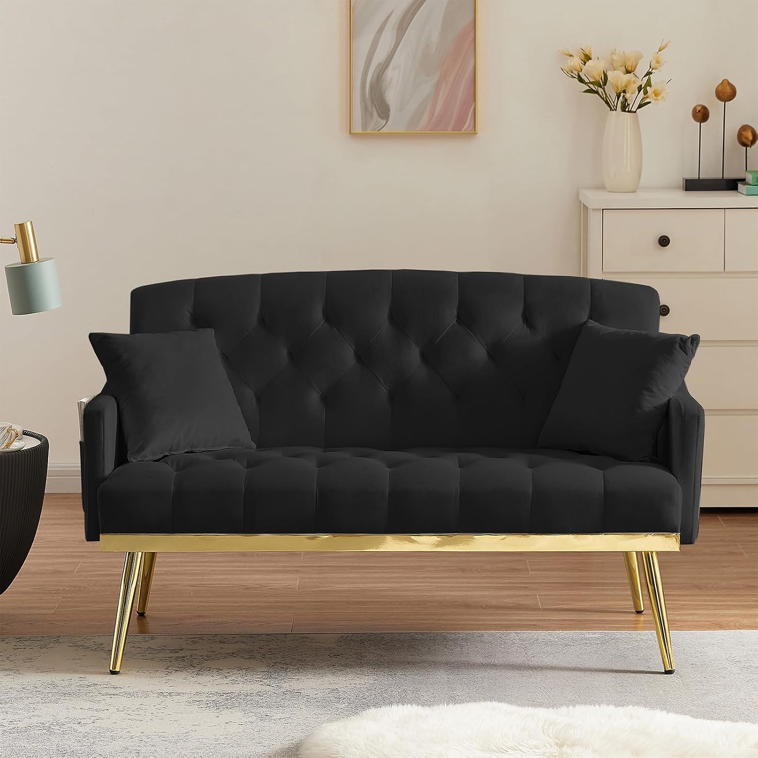 Antetek Upholstered Velvet Loveseat Sofa, Modern Small Couch with Side Pocket and Golden Metal Legs, Tufted Leisure Sofa for Living Room, Bedroom, Office, Small Space, Black - Amazon product rated Grade B
