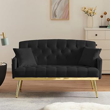 Antetek Upholstered Velvet Loveseat Sofa, Modern Small Couch with Side Pocket and Golden Metal Legs, Tufted Leisure Sofa for Living Room, Bedroom, Office, Small Space, Black