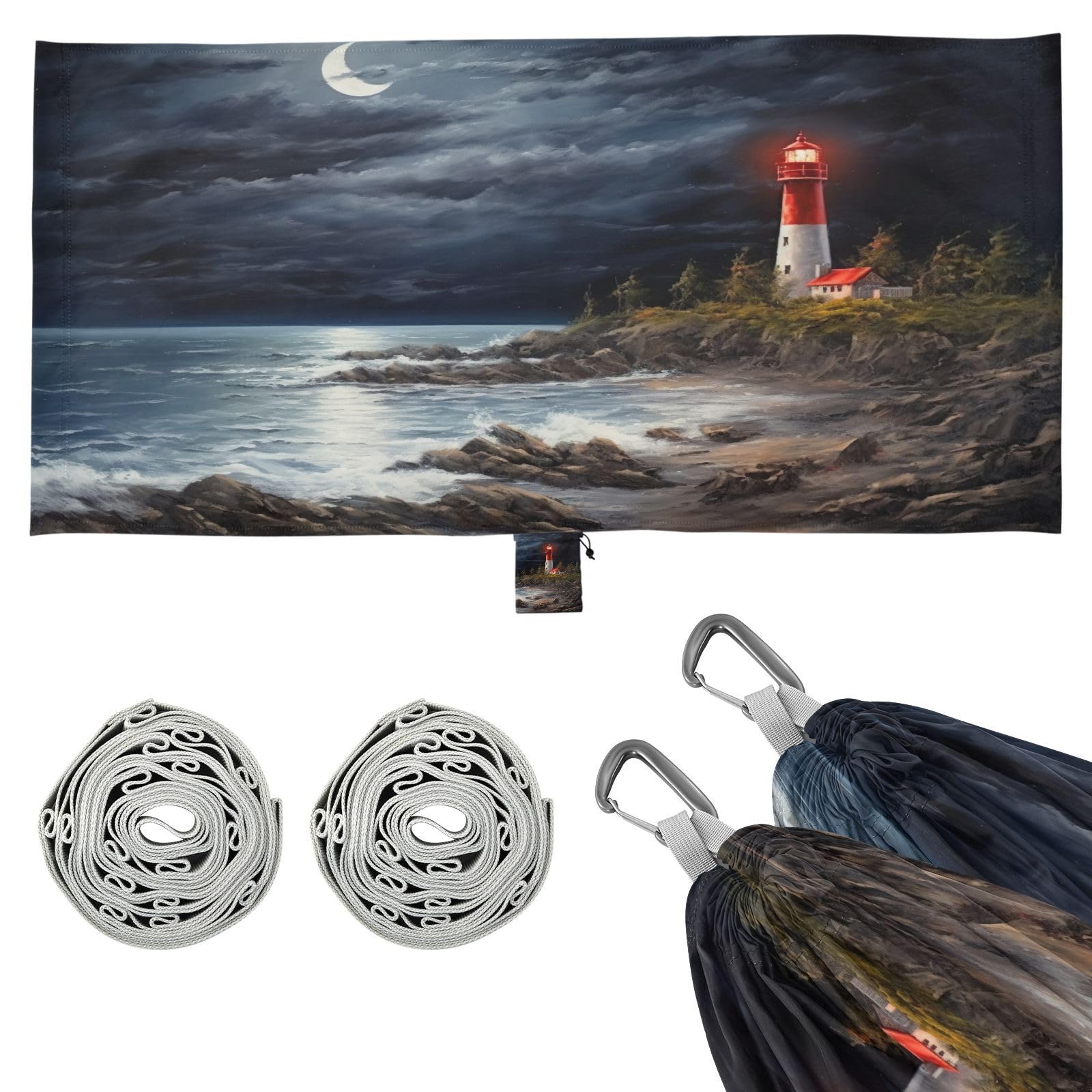 SDMKA Lighthouse at Night Camping Hammock, 330 lbs with 2 Tree Straps, Carry Bag, Single Portable Hammock for Outdoor/Indoor, Hiking, Beach, Backpacking, Travel