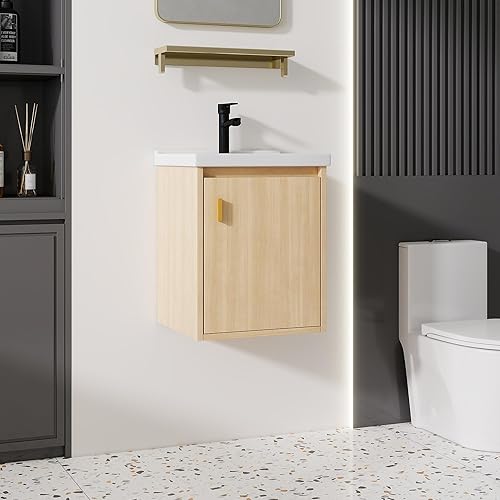 Miniatura 134 de Tocador de baño de 20 pulgadas con lavabo de cerámica, tocador de baño pequeño montado en la pared con puerta de cierre suave, gabinete flotante