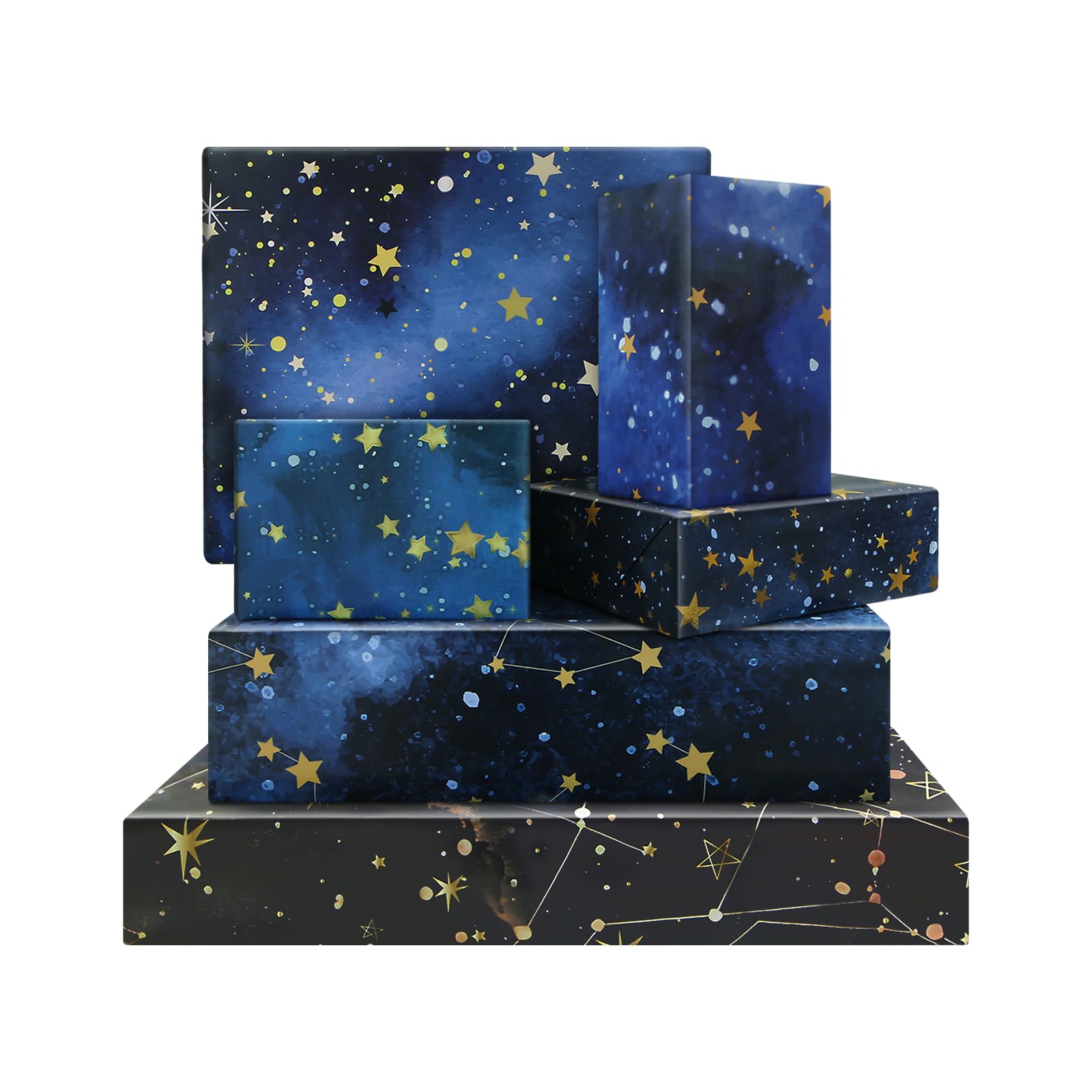 Boerni 6 Sheets Galaxy Wrapping Paper, Starry Sky Gift Wrap Paper Folded Flat Blue Space Art Paper for Holiday Birthday Party Baby Shower Present Packing,20 x 27 Inches