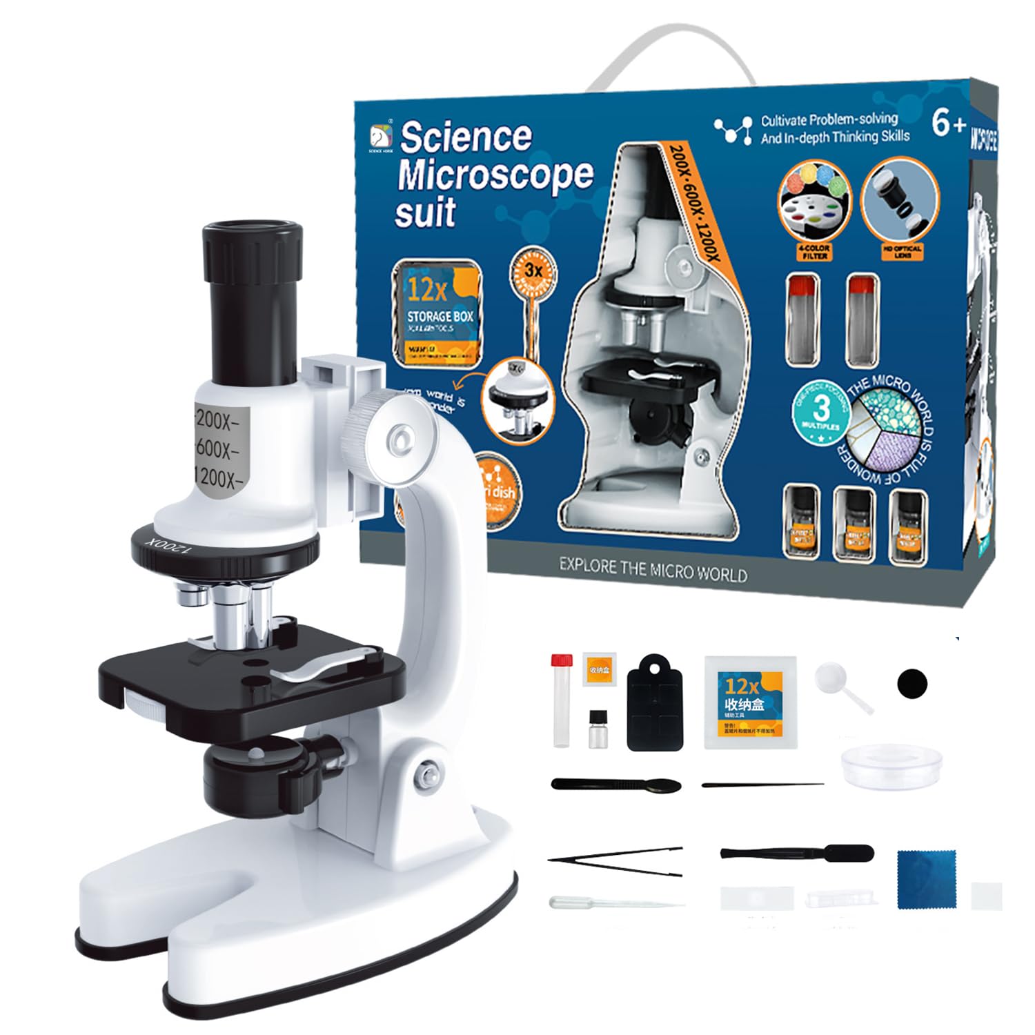 Microscopio per bambini a partire da 8, Smart Deluxe 1200x, con supporto cellulare, bianco