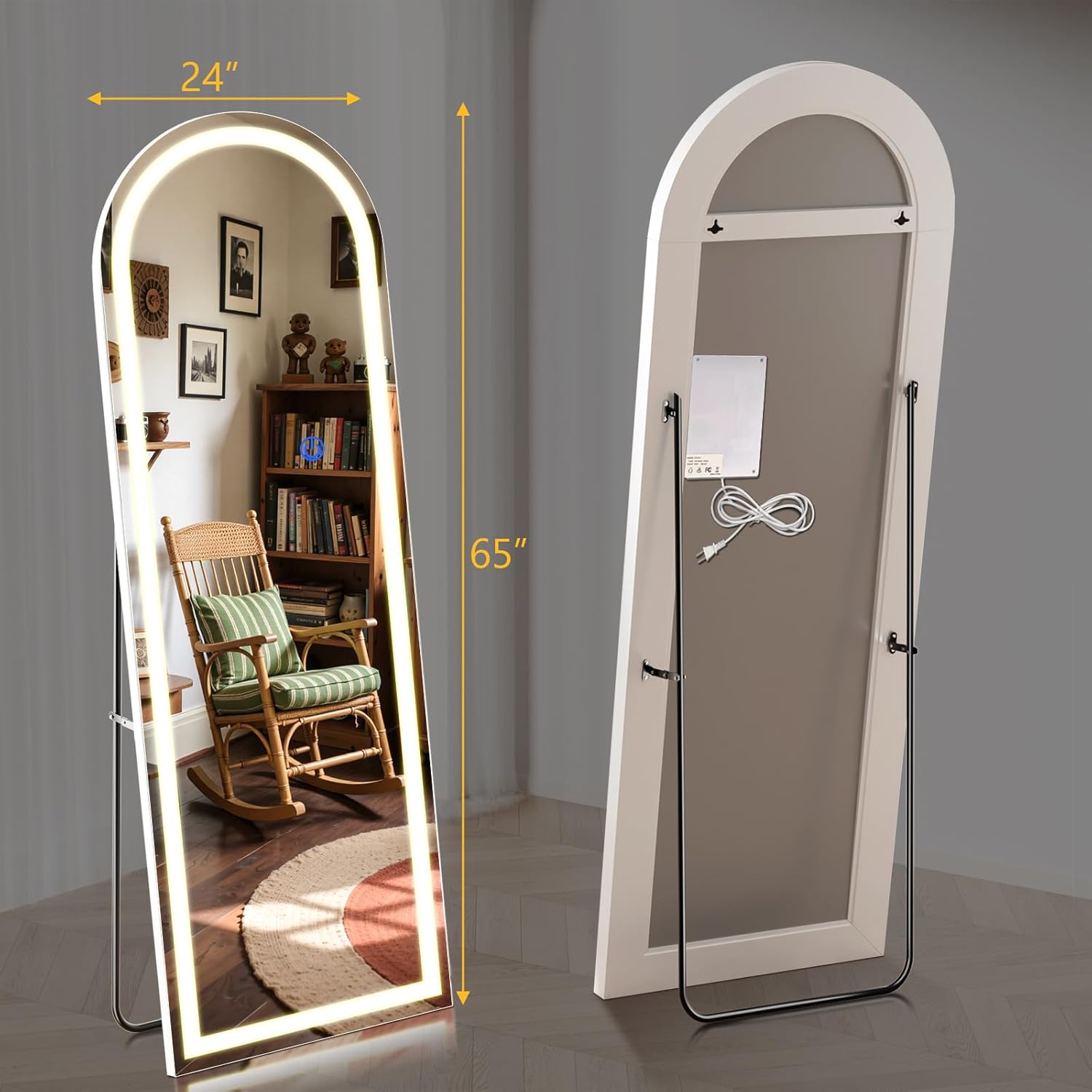 Arch Full Length Standing Mirror with LED Lights, 65"x24" Lighted Mirror with Dimming & 3 Color Lighting, Tall Mirror Full Body for Bedroom, Dressing Room