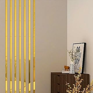 Excefore Mirror Wall Stickers, 10 Pcs 5 * 20cm Striped Design Mirror Wall Stickers, Art Tile Decal, DIY Self Adhesive Wall Line Border Decals, Removable Acrylic Mirror Sheets Wall for Home Decor, Gold