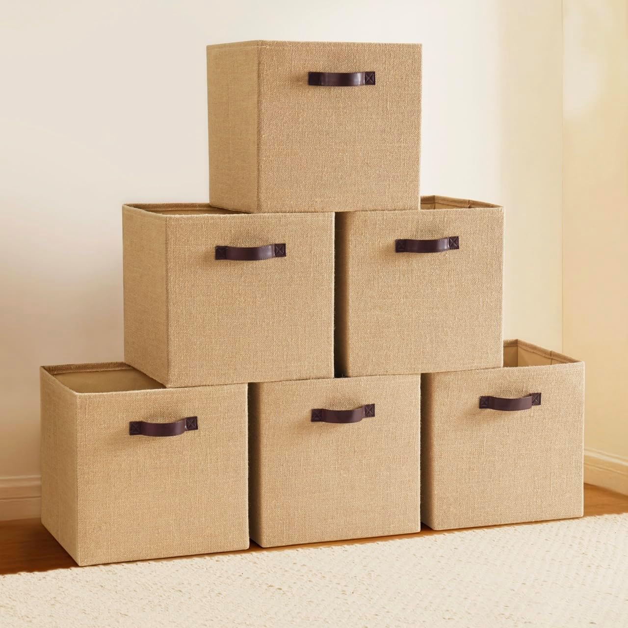 Ornavo Home 13 x 13 Storage Cube Bins, 6 Pack Jute Baskets, Fabric Storage Bins Shelf Basket Cube Organizer for Closet Foldable Collapsible with Leather Handles