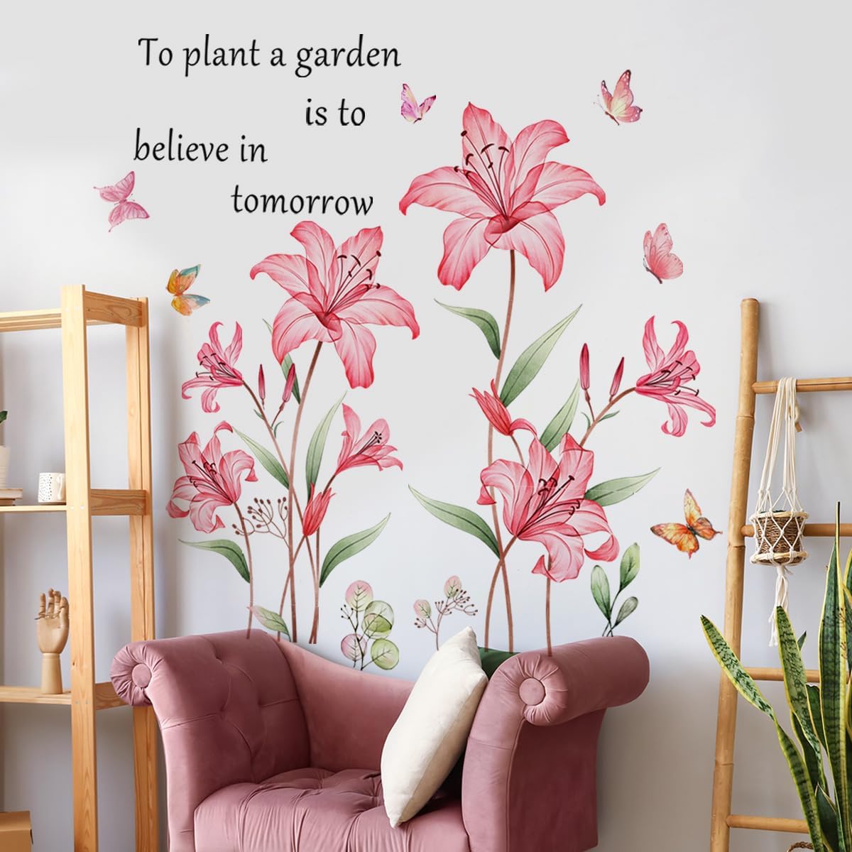 Runtoo Large Lily Flower Wall Decals Pink Floral Butterfly Peel and Stick Wall Stickers for Girls Bedroom Nursery Living Room Decor image 2