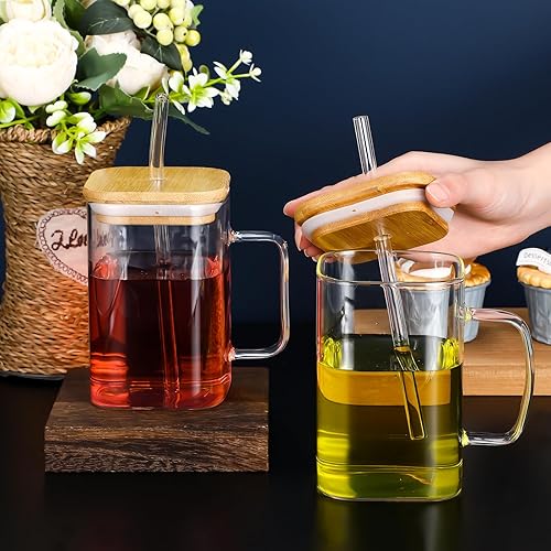 Miniatura 6 de Rtteri Juego de 6 vasos cuadrados de vidrio con tapa de bambú, popote y asa, tazas de café portátiles para fiesta de graduación, regalos del día de