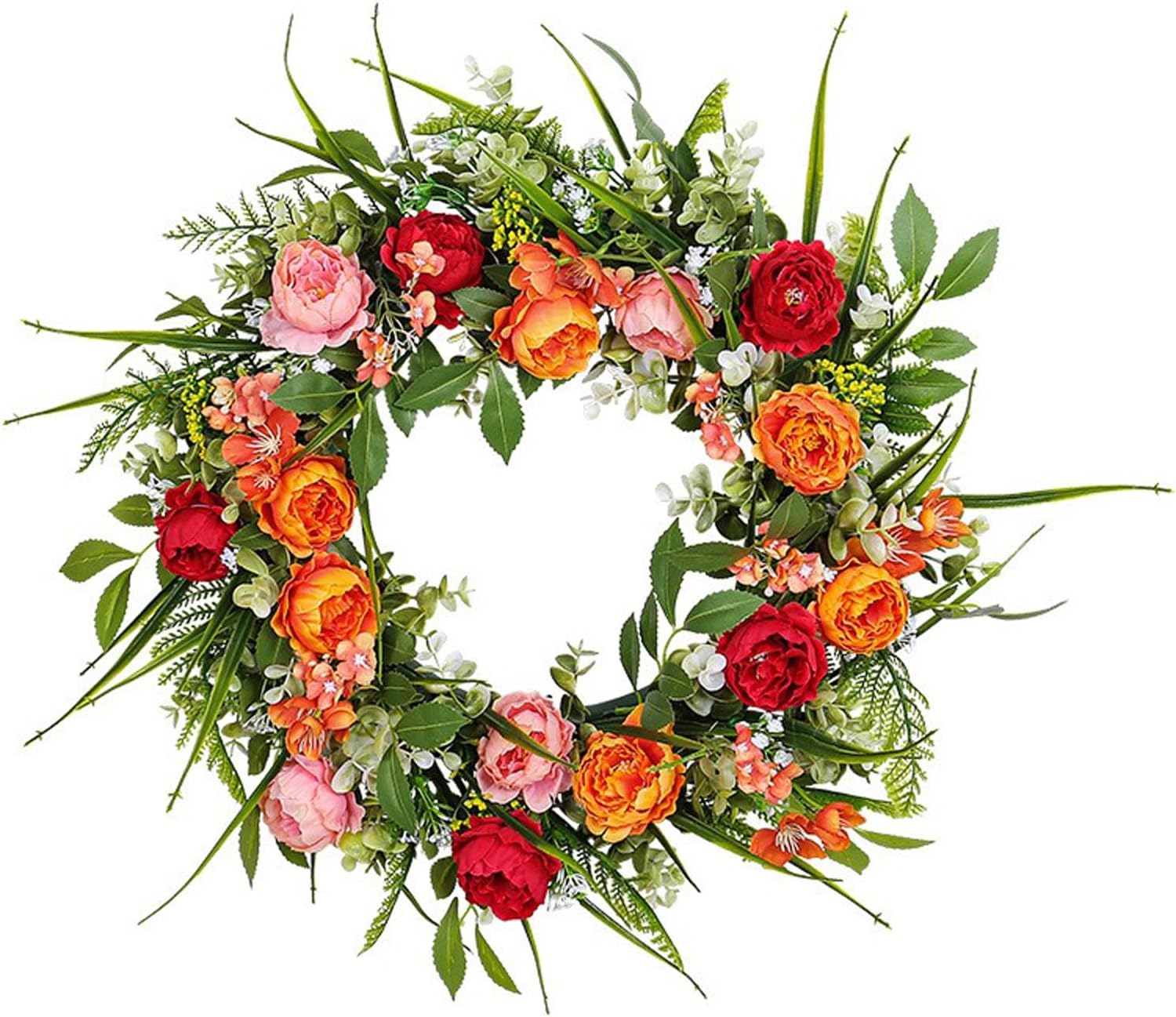 MINGZHE Peony Wreaths for Front Door Artificial Spring Summer Flower Door Wreath 17.7 Inch Spring Wreaths for Outdoor Wedding Wall Home Wreath Decor