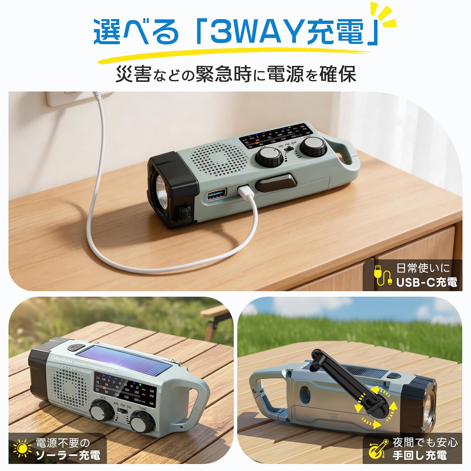 Amazon.co.jp: 【防災士推奨】Greeshow 防災ラジオ 多機能 懐中電灯 FM