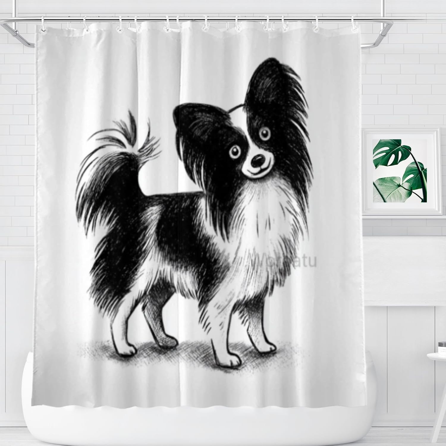 Cute Papillon Curious Cartoon Puppy with Black and White Stripes Fabric Shower Curtain for Kids Dog Lovers 72x72 Inches Bathroom Decor with 12 Hooks