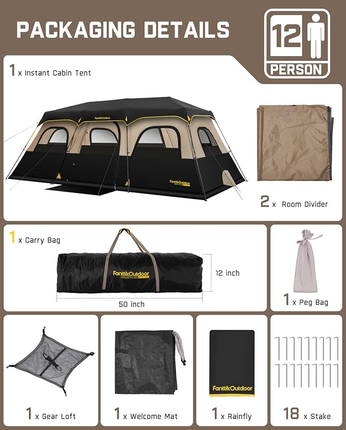 FanttikOutdoor Carpa Instantánea para 12 Personas 120x216x80in Khaki miniatura 9