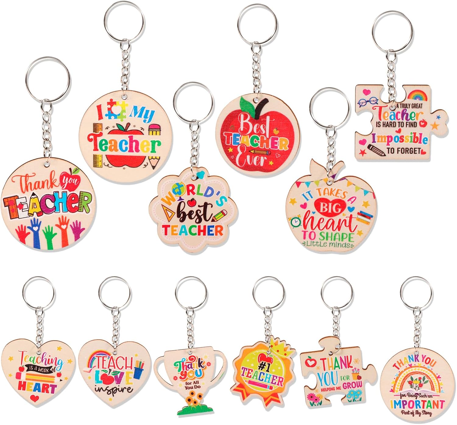 HOWAF 12PCS Teacher Keychain Bulk, Teacher Appreciation Gift Keychain, Thank You Teachers Wooden Key Chain Keyring, Teacher's Appreciation Gifts Keychains, End of School Year Gifts for Teachers