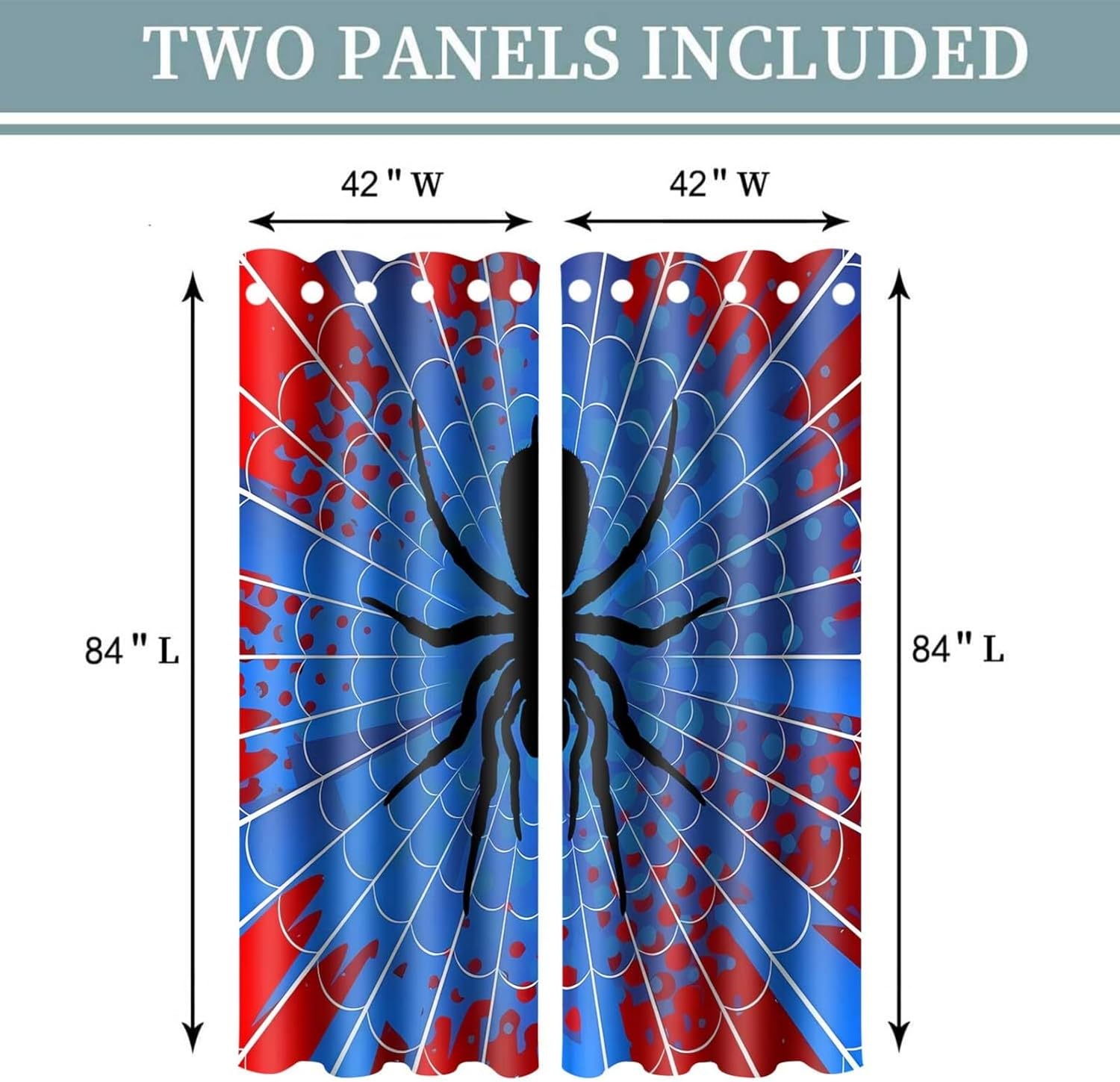 Spider Web Curtains - Superhero Theme - Blackout Thermal Insulated Drapes for Kids Room, Bedroom, Living Room - Blue & Red Design - 42 x 84 Inches, 2 Panels