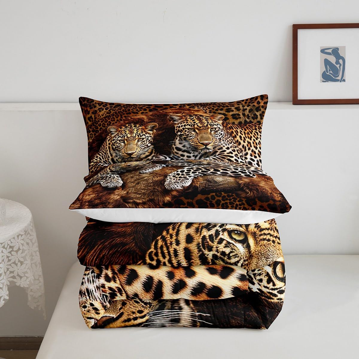 Erosebridal Leopard Print Comforter Set Full Size, African Safari Animal Duvet Insert Cheetah Bedding Set for Teens Boys Adults, Tribal Wildlife Quilt with 2 Pillow Cases Bedroom Decor