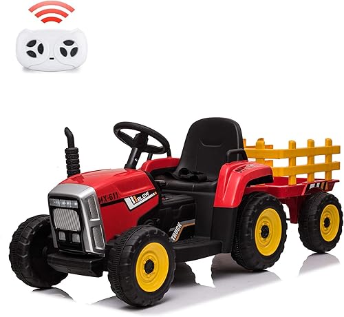 Carril de paseo para niños de 12 V, tractor eléctrico a batería con remolque, neumáticos con doble motor de 25 WRC, 7 luces LED, audio MP3 rojo
