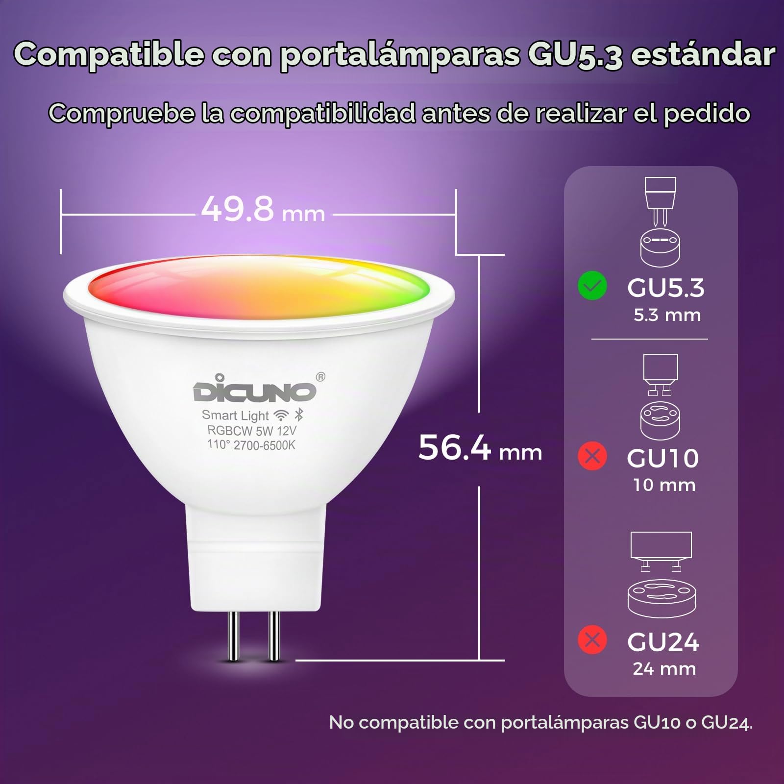 DiCUNO Bombilla LED Inteligente WiFi GU5.3, 5W Equiv. 40W, RGBCW, Pack de 4 | Regulable multicolor 2700K-6500K, 320lm, MR16 Smart LED Compatible con Alexa/Google Home, No se Requiere Concentrador