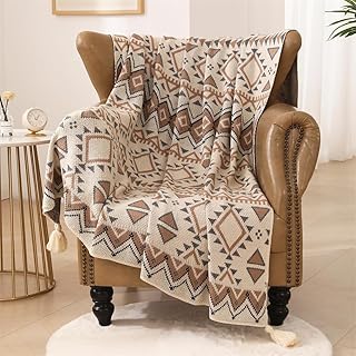 Knit Throw Blanket for Couch, Western Decor Boho Throw Blanket for Sofa, Mexican Decorative Farmhouse Blanket, Knitted Tassel Vintage Tan Throw Blanket, Southwest Decor Woven Blanket (50×60 Inch)