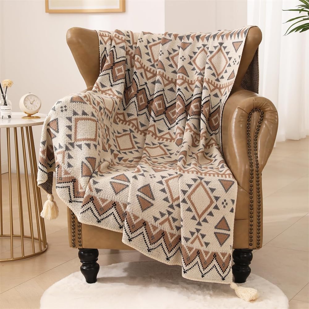 Knit Throw Blanket for Couch, Western Decor Boho Throw Blanket for Sofa, Mexican Decorative Farmhouse Blanket, Knitted Tassel Vintage Tan Throw Blanket, Southwest Decor Woven Blanket (50×60 Inch)