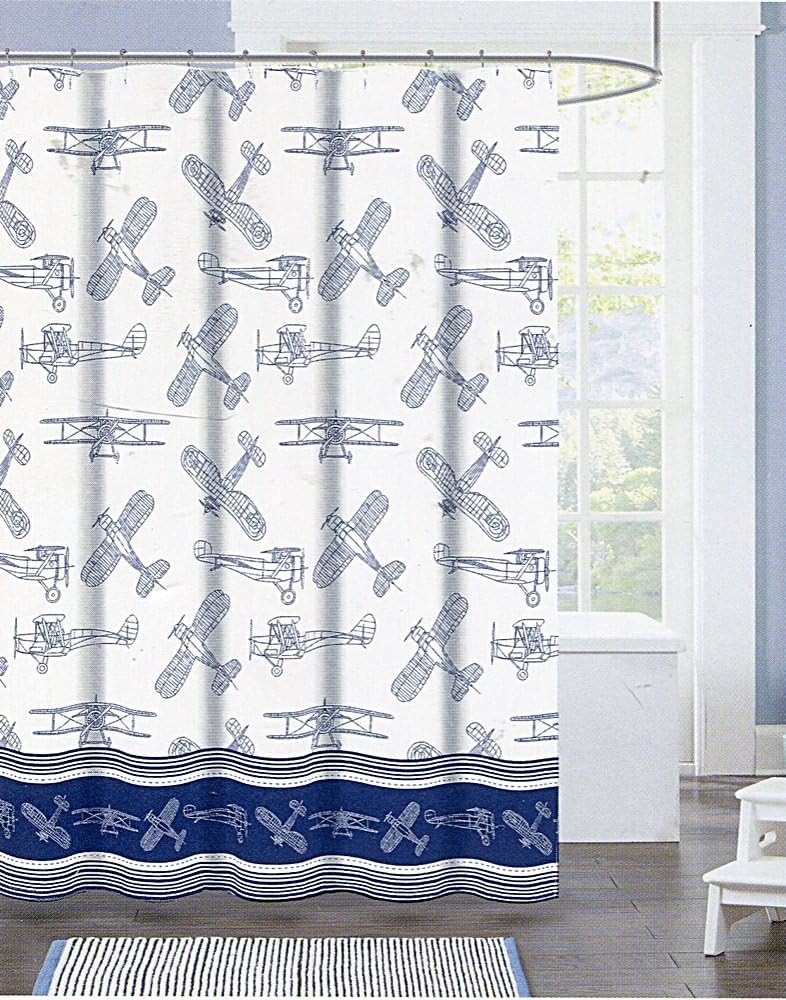 Authentic Kids Blue Schematic Vintage Airplane Shower Curtain