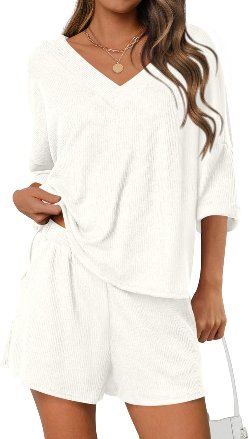 PRETTYGARDEN Womens 2 Piece Sets 2026 Oversized Vneck Half Sleeve Tops Shorts Lounge Set Casual Summer Travel Beach Outfits