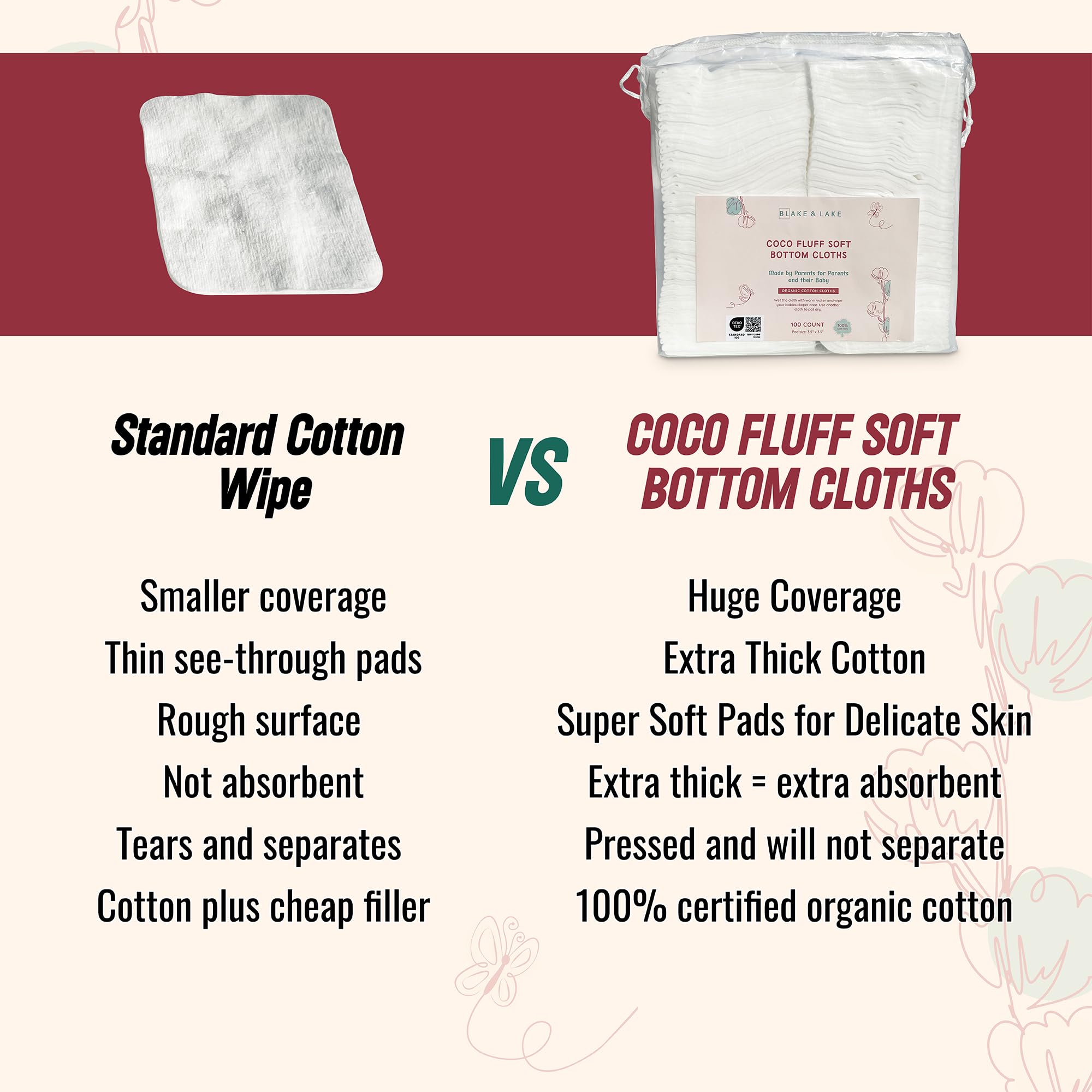 Toallitas secas de algodón orgánico para cambio de pañales de bebé y tiempo de baño, paños gruesos y absorbentes, suaves, almohadillas de algodón 100% orgánico para bebé, toallitas de algodón extra