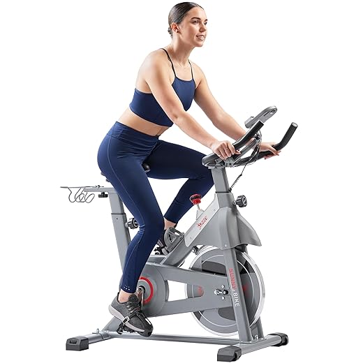 Sunny Health & Fitness Heavy-Duty Indoor Stationary Exercise Bike, 4-Way Adjustable Seat for Cycling Cardio workout at Home, Optional 49 LB Flywheel & Free Exclusive SunnyFit App Bluetooth Connection