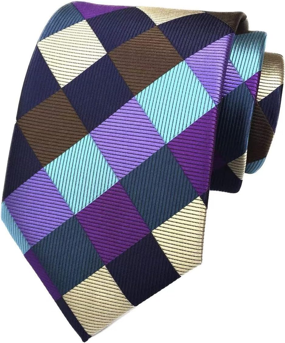 New Classic Checks Blue Brown Purple JACQUARD WOVEN Silk Men's Tie Necktie